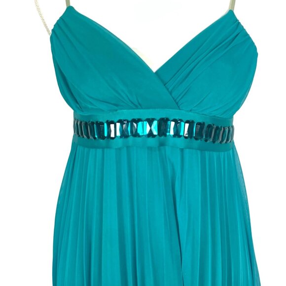 Teal Chiffon Pleated Dress S Rhinestone Belt Bow Tie Knee Length Cocktail Prom - Picture 2 of 9